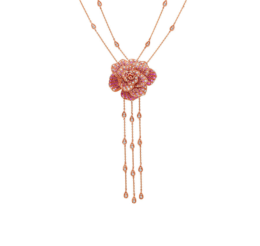 Blossom Flower dubultā ķēdes komplekts ar Ruby Diamond Rose Gold kaklarotas komplektu