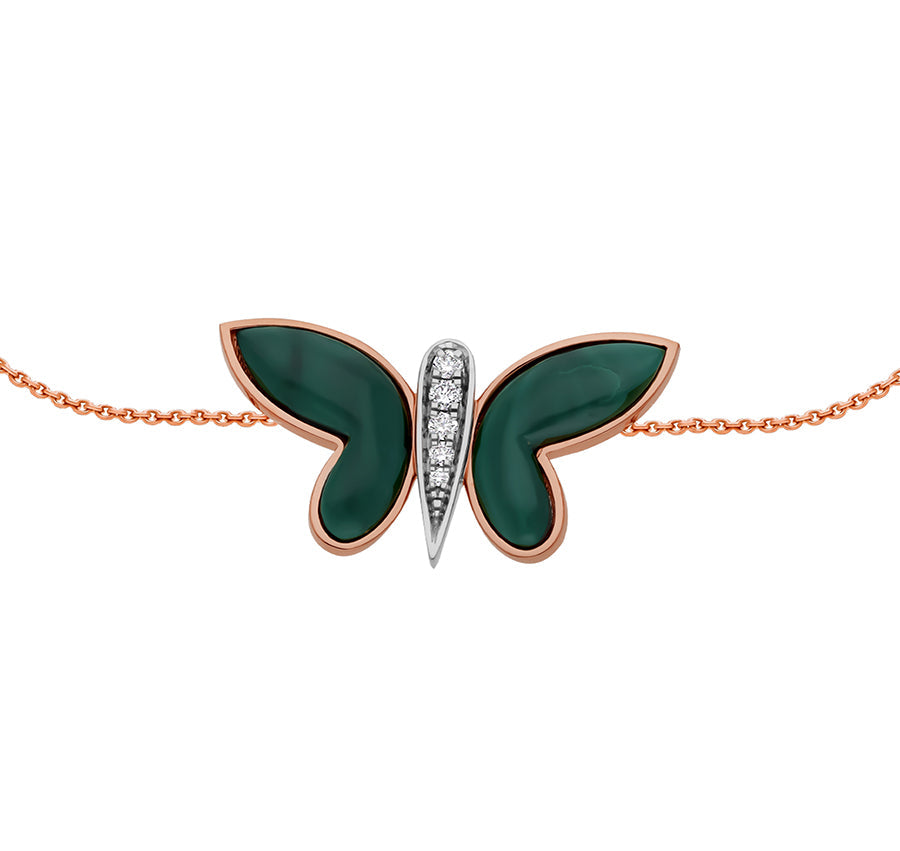 Браслет-цепочка с малахитовой бабочкой и двухцветной застежкой-когтем омара