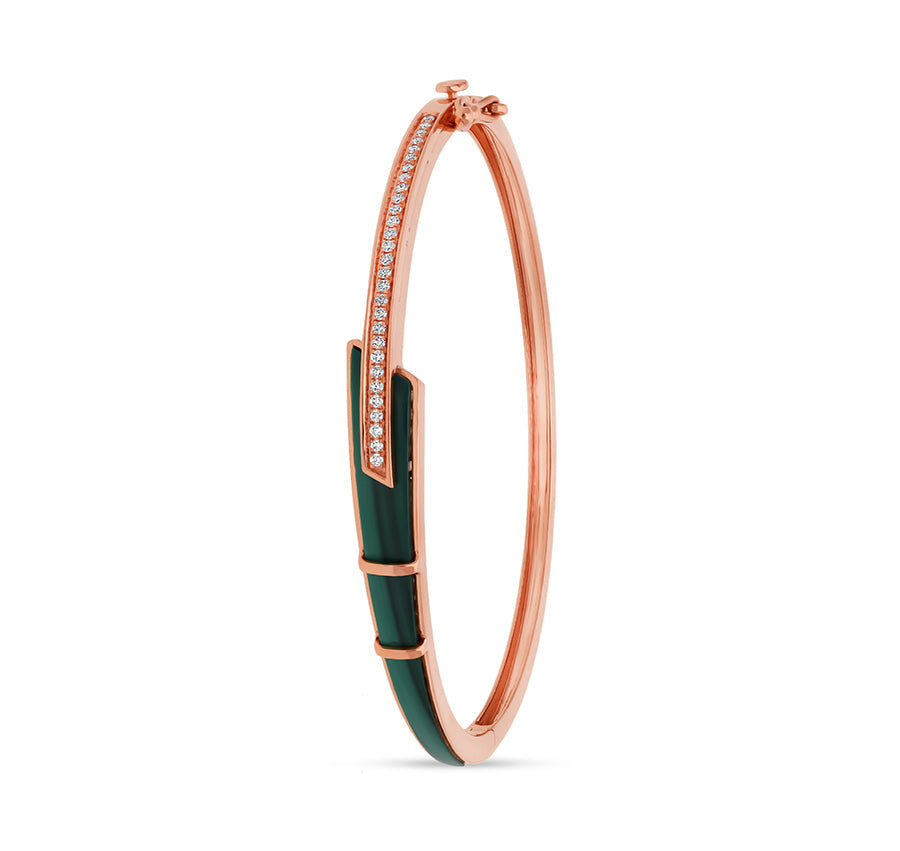 Zaļa malahīta un apaļa dimanta rozes zelta kastītes aizdares rokassprādze