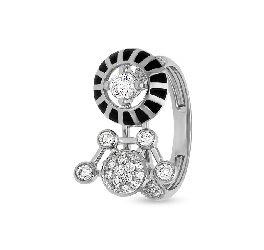 Melna emalja ar apaļu dabīgā dimanta baltā zelta kokteiļa gredzenu