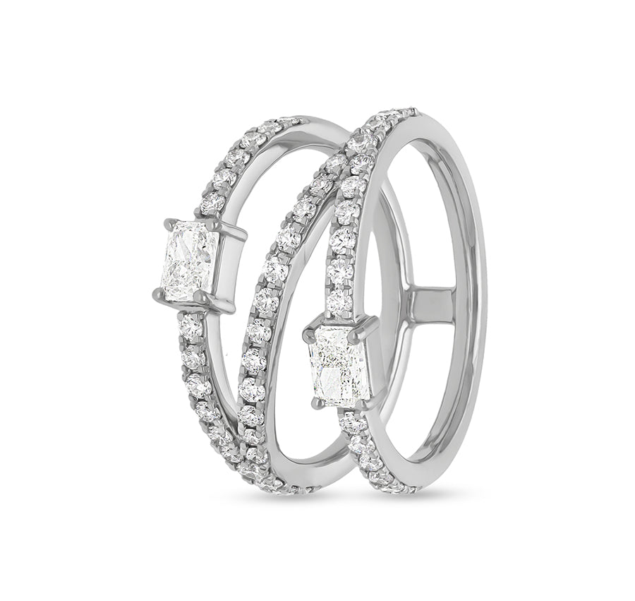 Повседневное кольцо из белого золота изумрудной формы с круглым натуральным бриллиантом и закрепкой зубца