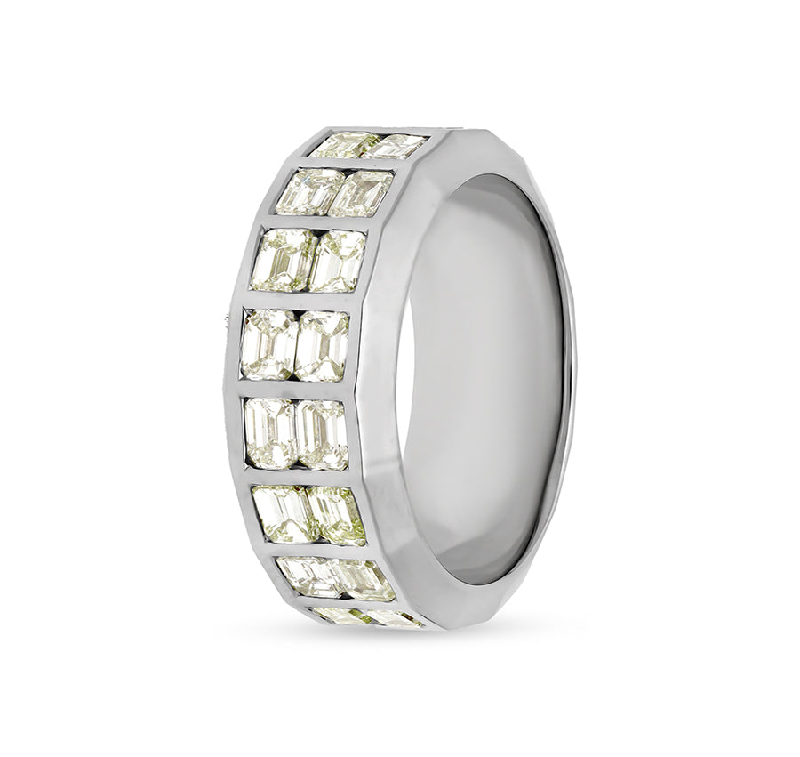 Emerald Shape Diamond With Bar Setting White Gold Women Band