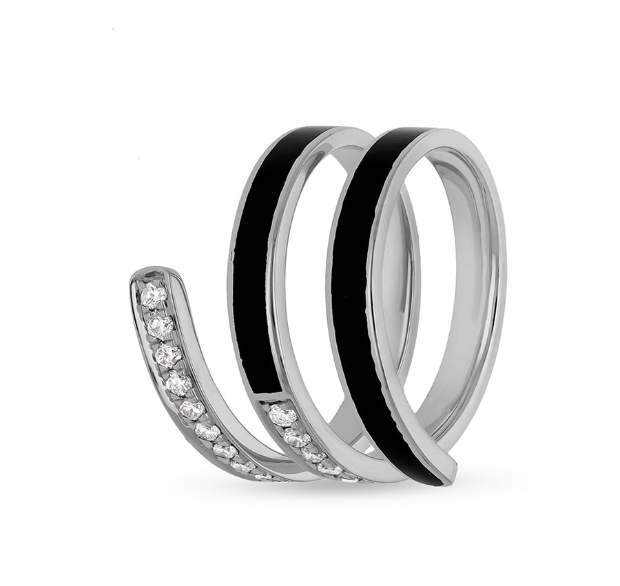 Swirl Shape With Black Enamel White Gold Diamond Casual Ring