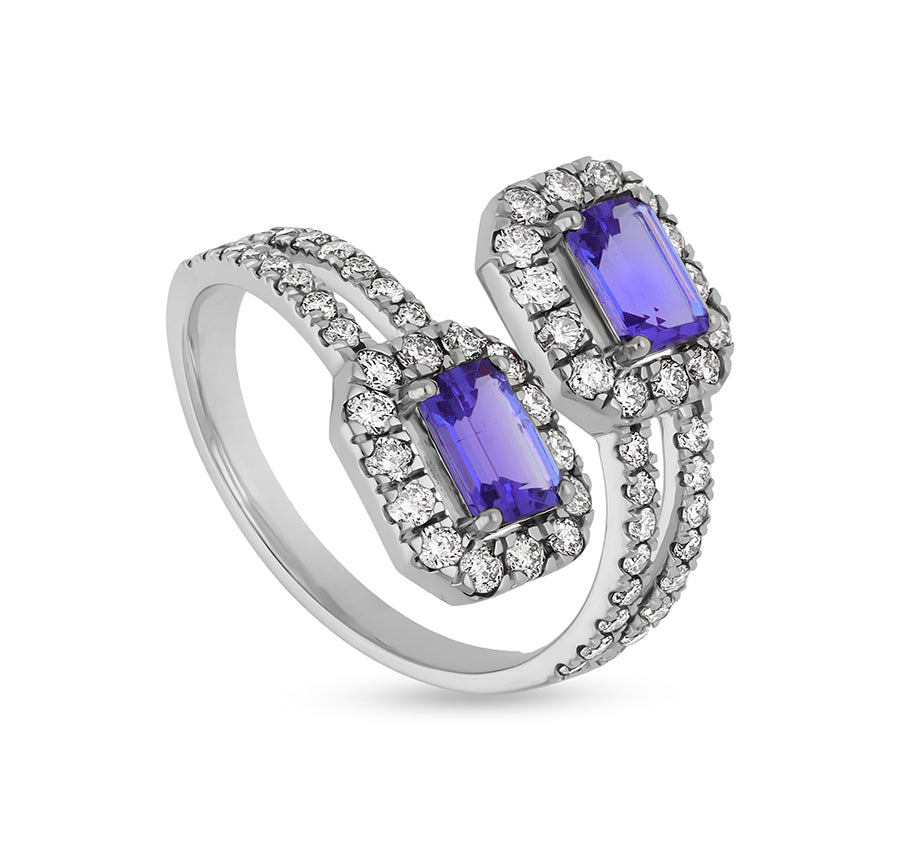 Повседневное кольцо из белого золота с двойным синим изумрудом и круглым натуральным бриллиантом