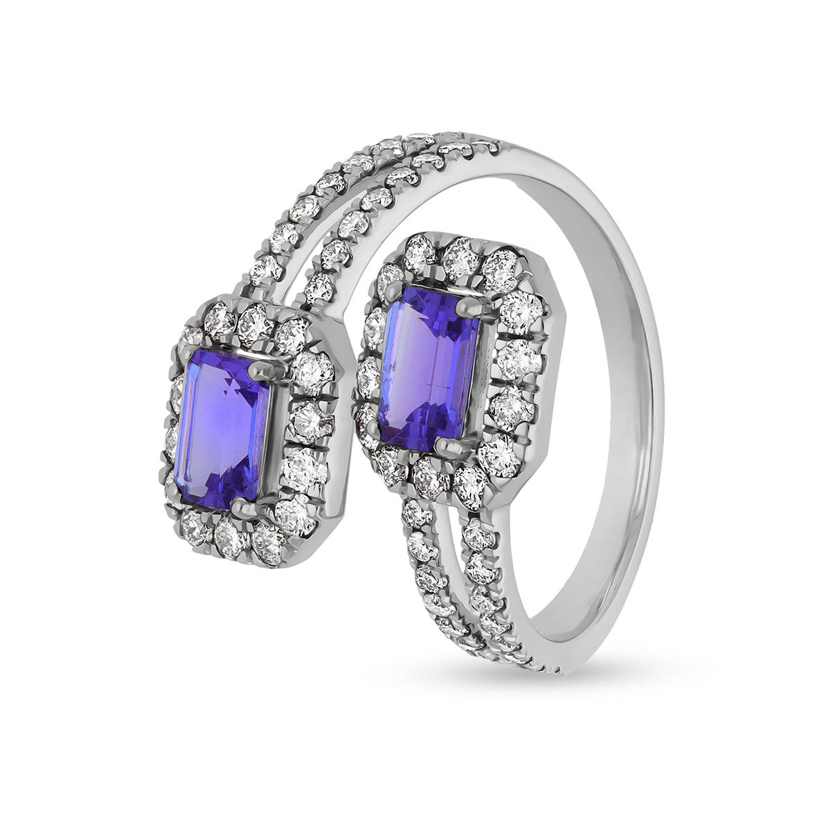 Divkāršs zils smaragda formas apaļš dabiskais dimanta baltā zelta ikdienas gredzens