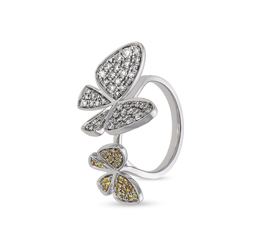 Dzeltens safīrs ar apaļu dabīgā dimanta baltā zelta kokteiļa gredzenu