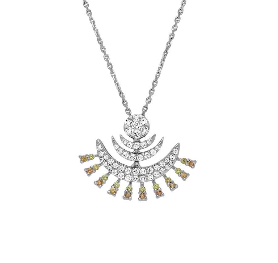 Подвеска в форме луны с ожерельем из белого золота с желтыми и оранжевыми сапфирами и бриллиантами