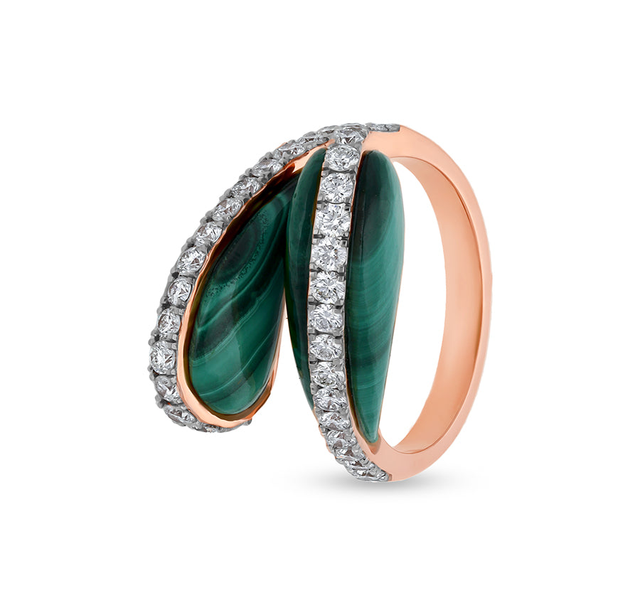Elipsoīda zaļa malahīta dimantu virsmas zaru iedomātā josla rozā zelta gredzens 