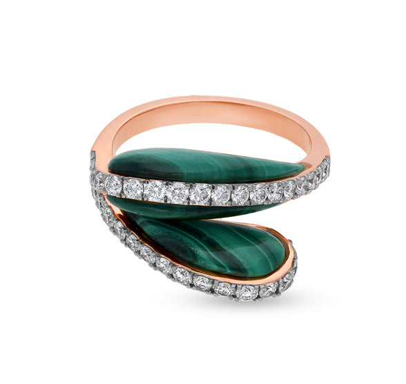 Ellipsoid Green Malachite Diamonds Surface Prong Fancy Band Rose Gold Ring