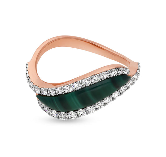 Элегантное кольцо из розового золота с курсивным зеленым малахитом и ореолом 