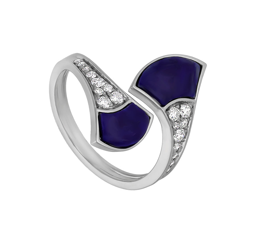 Cone Shell Shape With Dark Blue Lapis & Round Cut Diamond Open Band