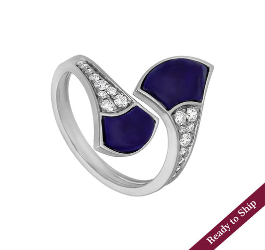 Cone Shell Shape With Dark Blue Lapis & Round Cut Diamond Open Band