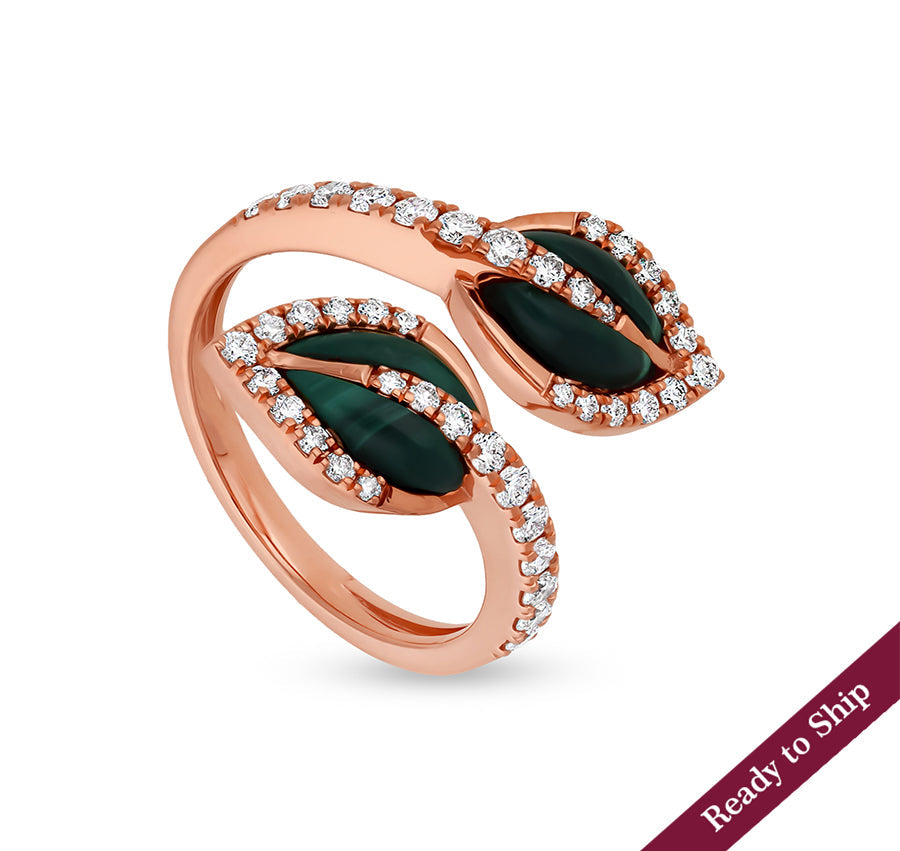 Zaļā malahīta dvīņu lapu rozā zelta dimanta gredzens 