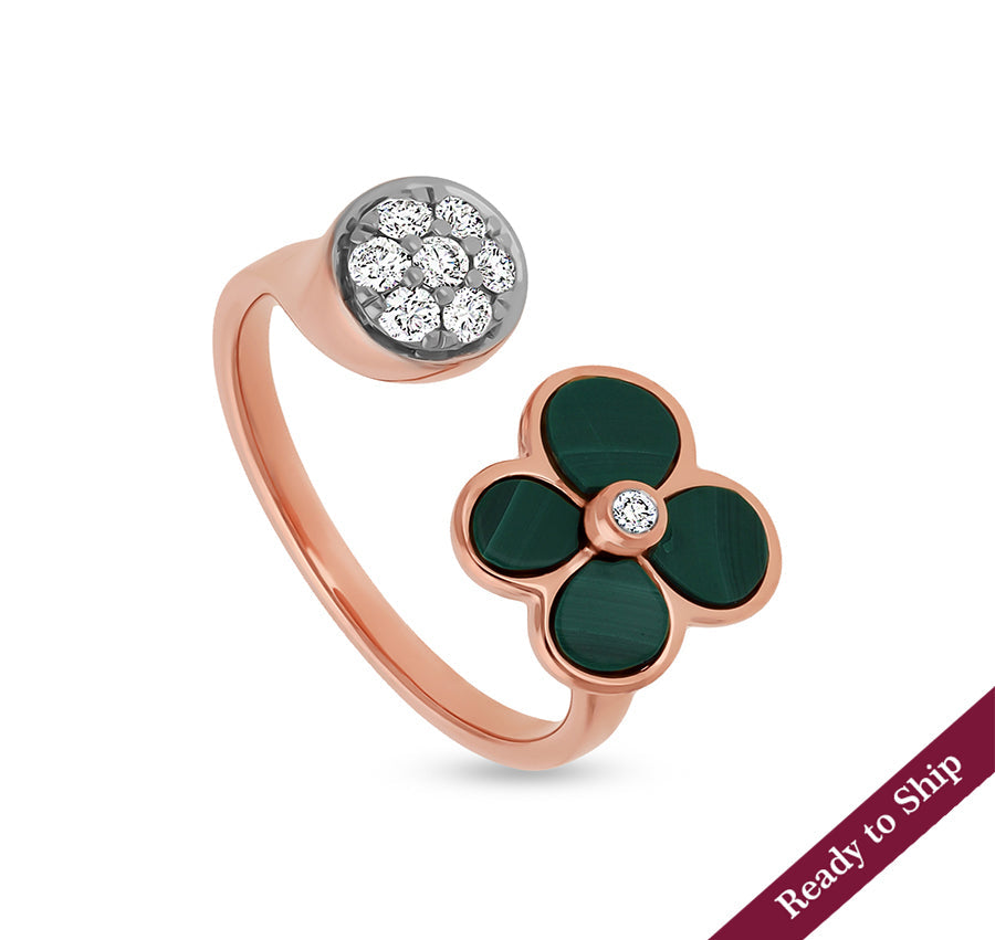 Zieda formas zaļa malahīta apaļa dabīga dimanta atvērta joslas rozā zelta gredzens 