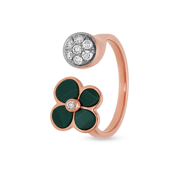 Zieda formas zaļa malahīta apaļa dabīga dimanta atvērta joslas rozā zelta gredzens 