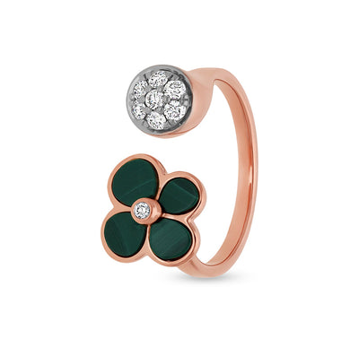 Flower Shape Green Malachite Round Natural Diamond Open Band Rose Gold Ring