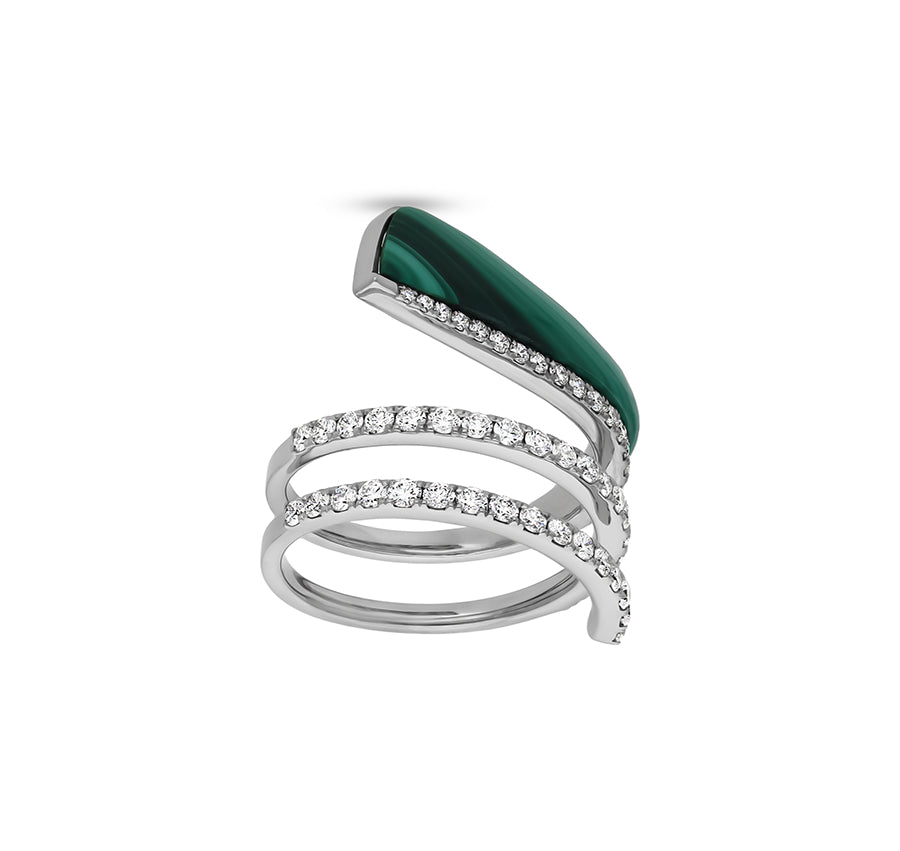 Green Malachite Round Natural Diamond Swirl White Gold Ring