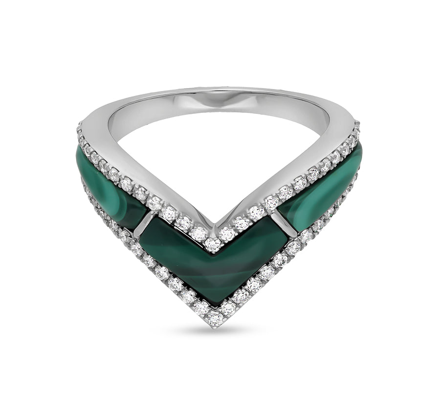 'V' formas zaļa malahīta apaļa dabīgā dimanta baltā zelta gredzens 