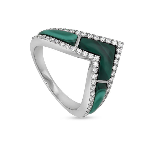 'V' Shape Green Malachite Round Natural Diamond White Gold Ring