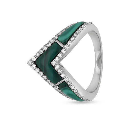 'V' Shape Green Malachite Round Natural Diamond White Gold Ring