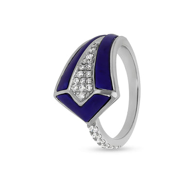 Fish Shape Dark Blue Lapis Round Natural Diamond White Gold Ring