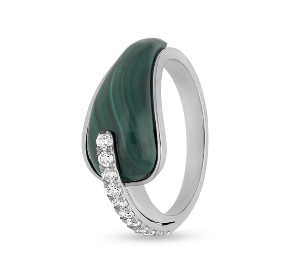 Green Malachite With Round Natural Diamond White Gold Casual Ring