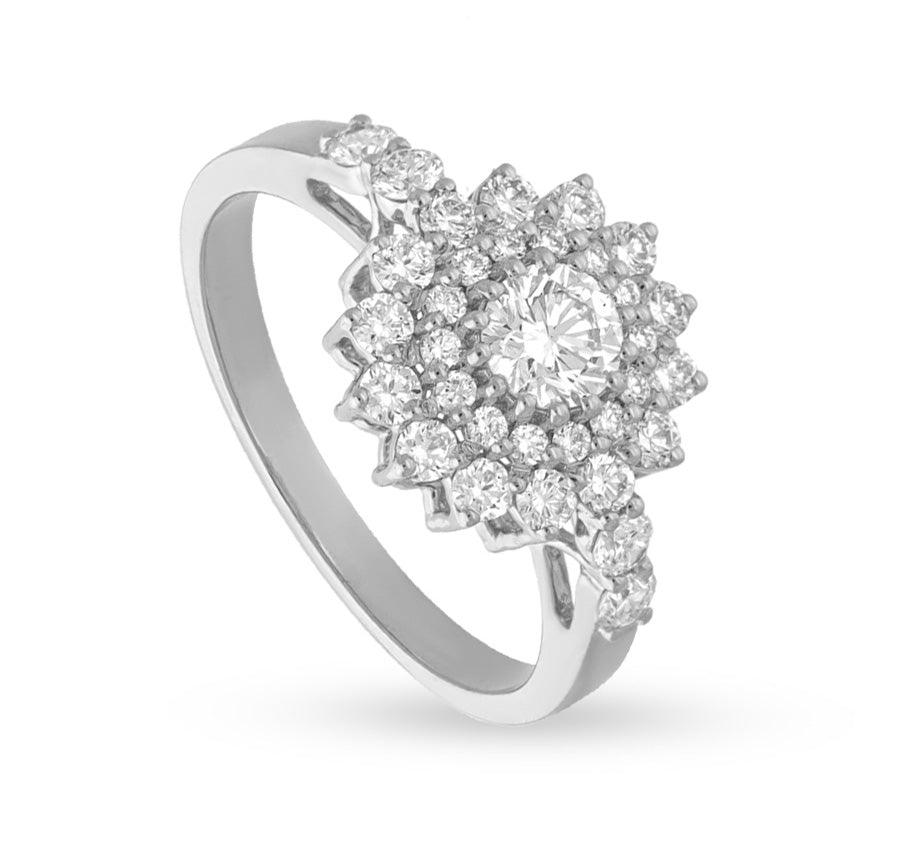 Flower Shape Round Natural Diamond White Gold Ring