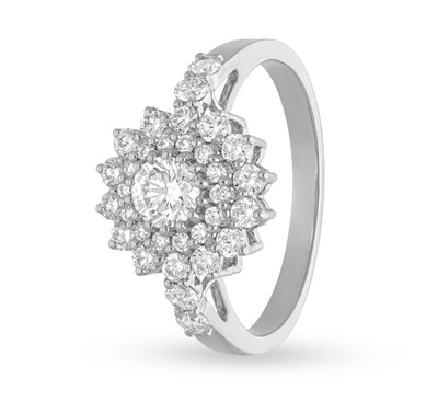 Flower Shape Round Natural Diamond White Gold Ring