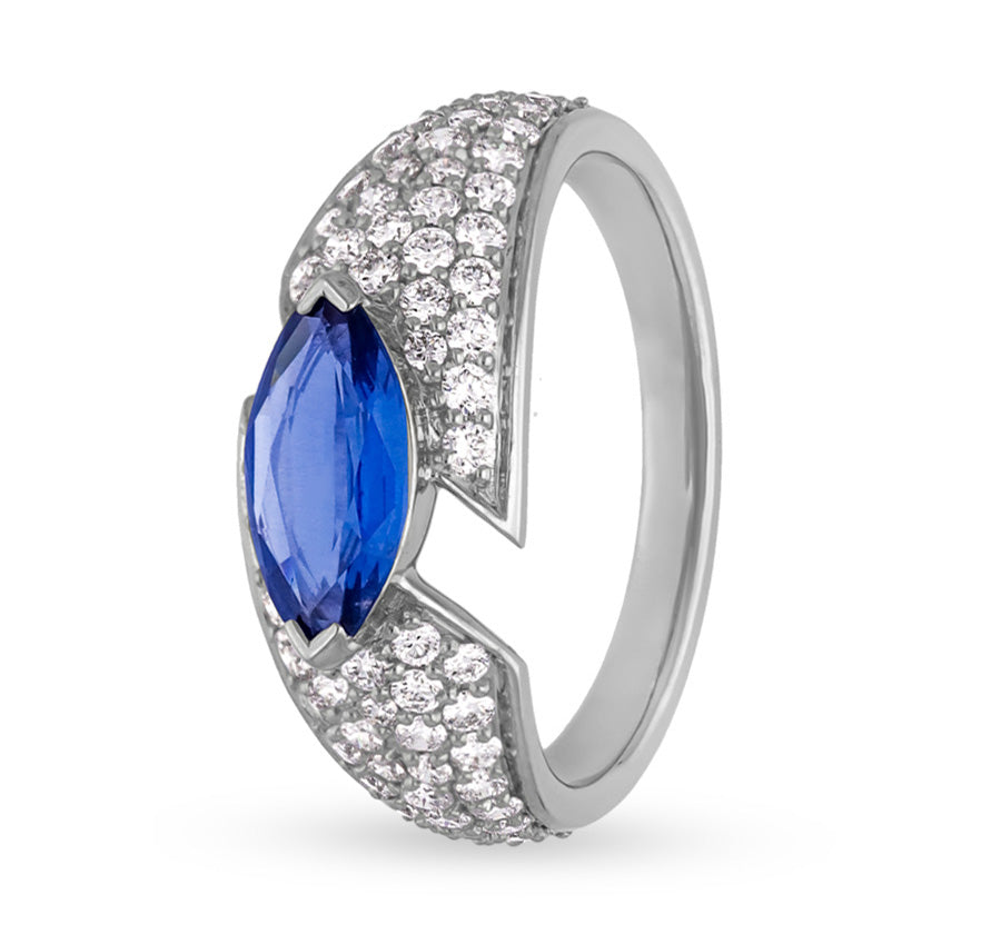 Blue Oval Tanzanite With Round Natural Diamond White Gold Halo Ring