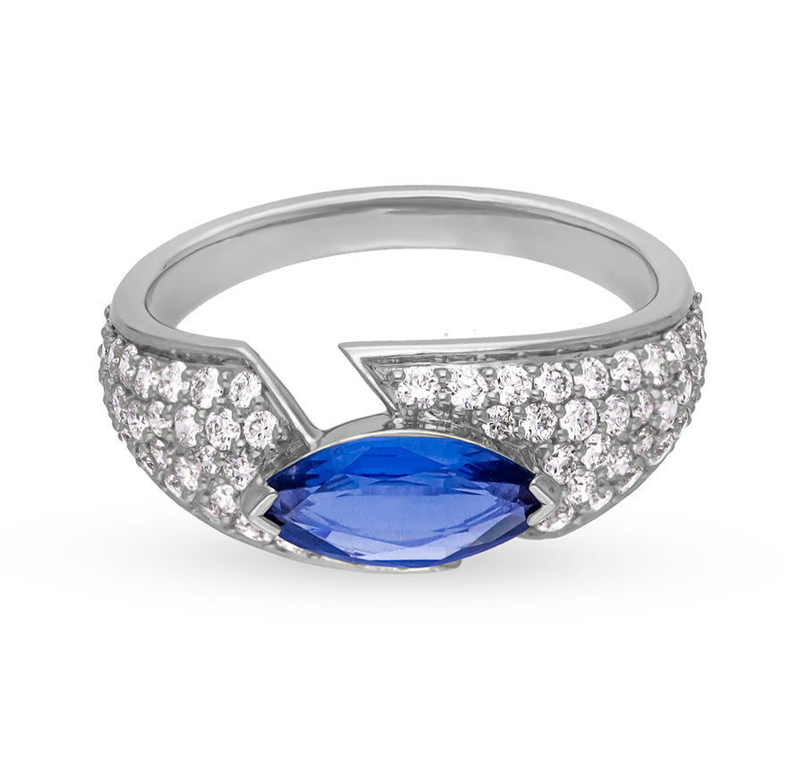 Blue Oval Tanzanite With Round Natural Diamond White Gold Halo Ring