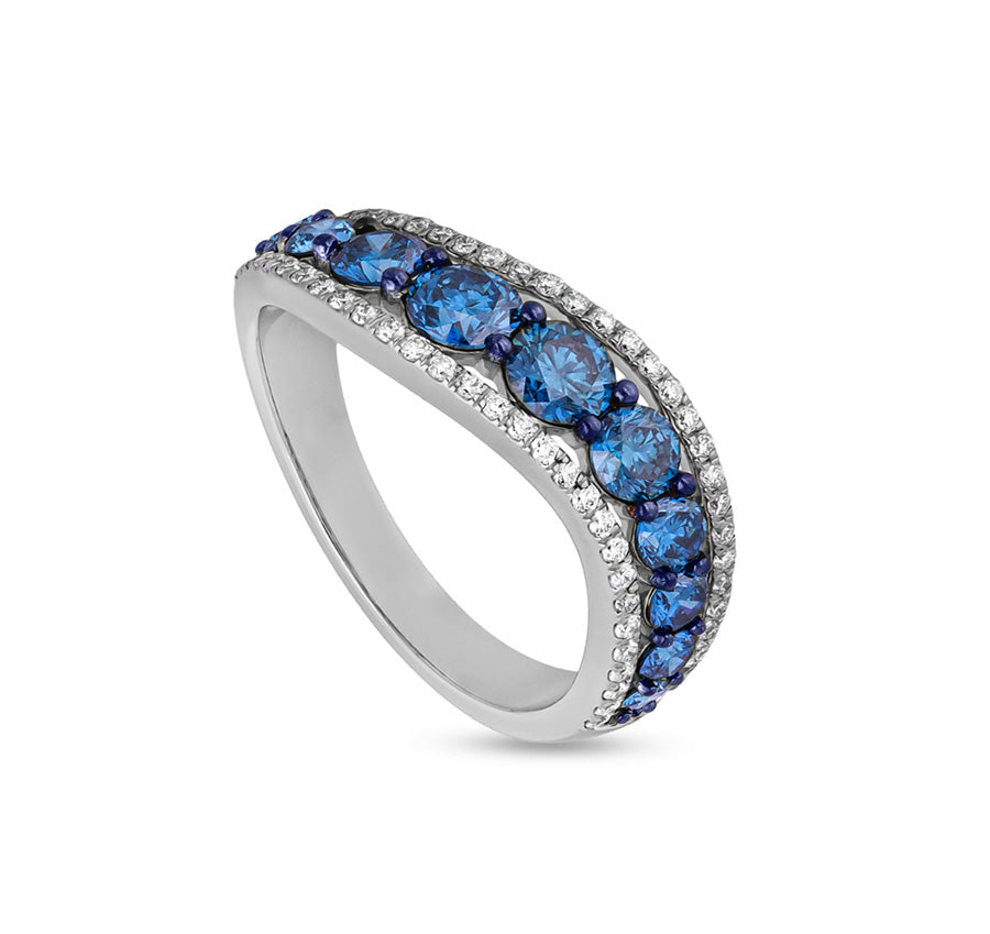 Curve Shape Round White and Blue  Diamond White Gold Casual Ring