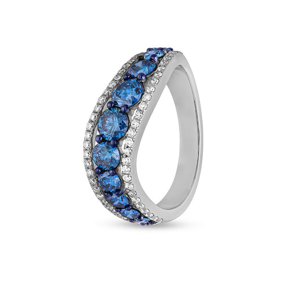 Curve Shape Round White and Blue  Diamond White Gold Casual Ring