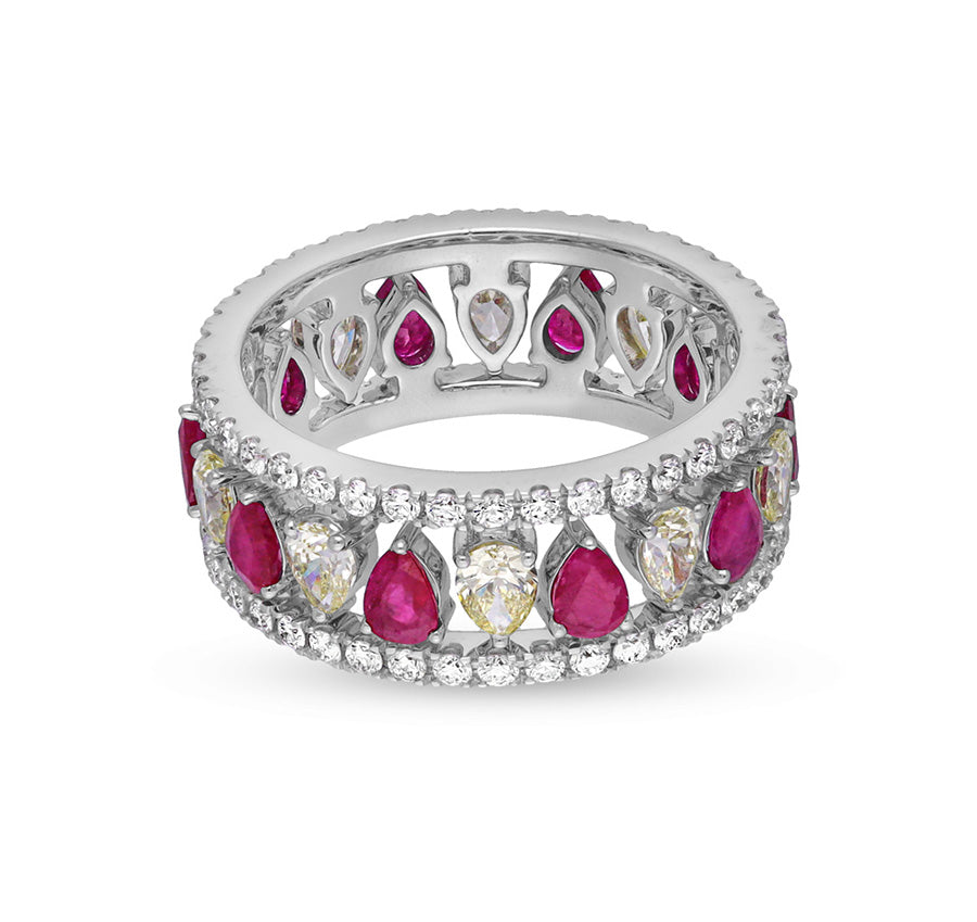 Baguette and Round Shape Red Ruby Diamond White Gold Band