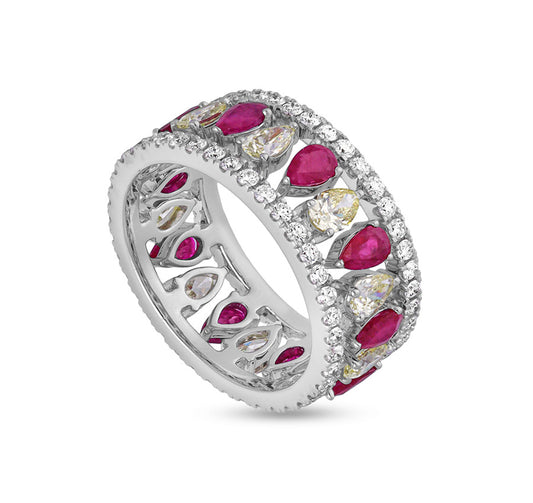 Baguette and Round Shape Red Ruby Diamond White Gold Band