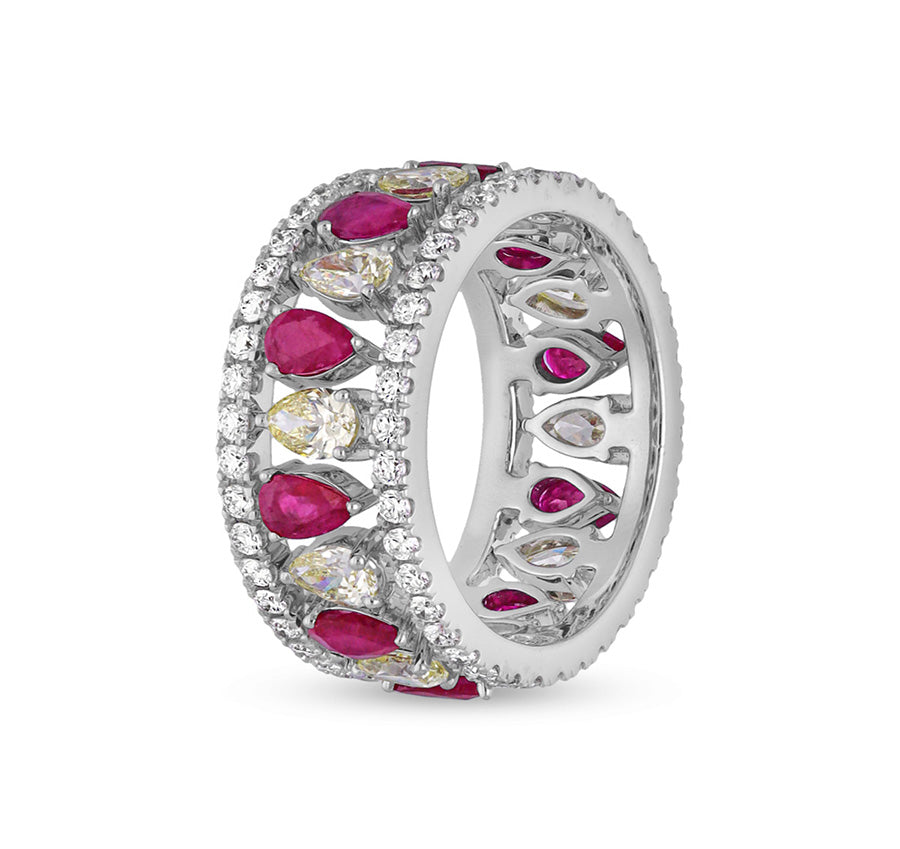 Baguette and Round Shape Red Ruby Diamond White Gold Band