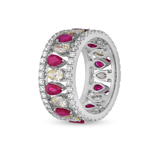 Baguette and Round Shape Red Ruby Diamond White Gold Band