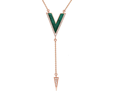 V shape Green Malachite With Round Diamond Rose Gold Necklace