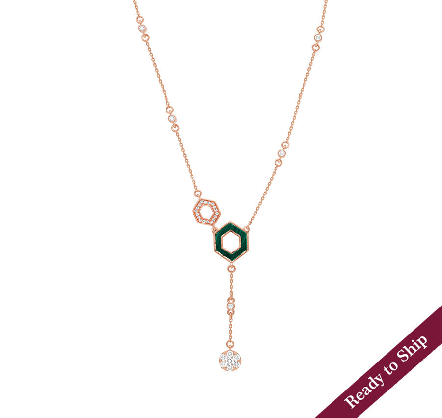 Ожерелье с шестигранным зеленым малахитом и розовым золотом с бриллиантами 