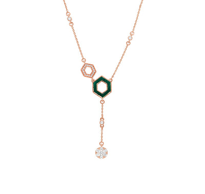 Ожерелье с шестигранным зеленым малахитом и розовым золотом с бриллиантами 