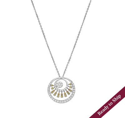 Round Shape Pendant With Round Orange and Yellow Sapphire Diamond White Gold Necklace