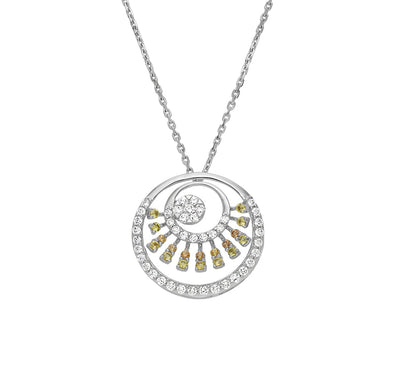 Round Shape Pendant With Round Orange and Yellow Sapphire Diamond White Gold Necklace