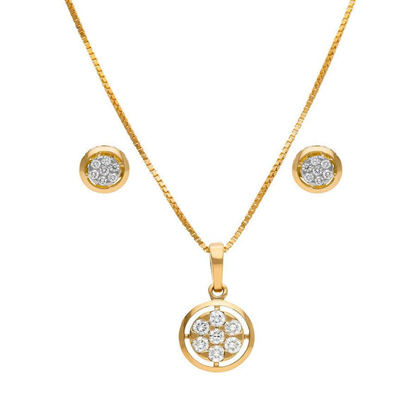 Round Shape With Pressure Setting Yellow Gold Necklace Set