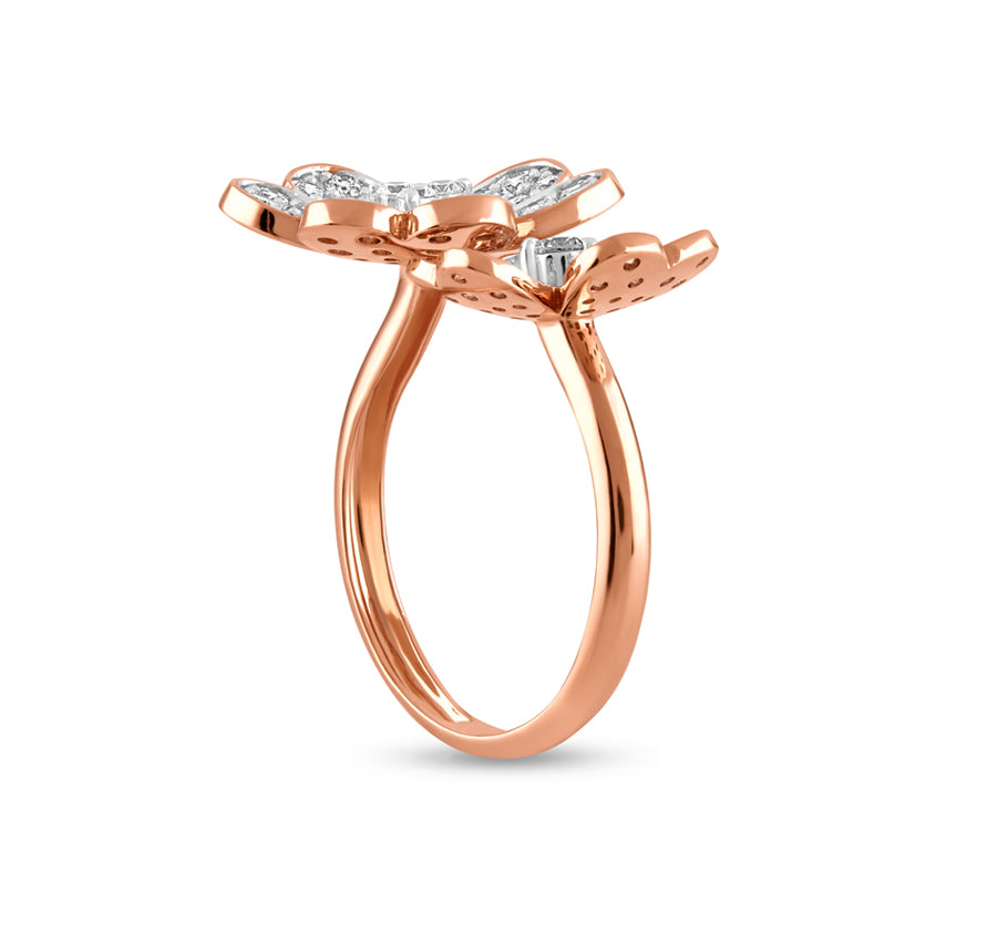 Обручальное кольцо из розового золота с двойным цветком и круглым натуральным бриллиантом в комплекте с зубцами 