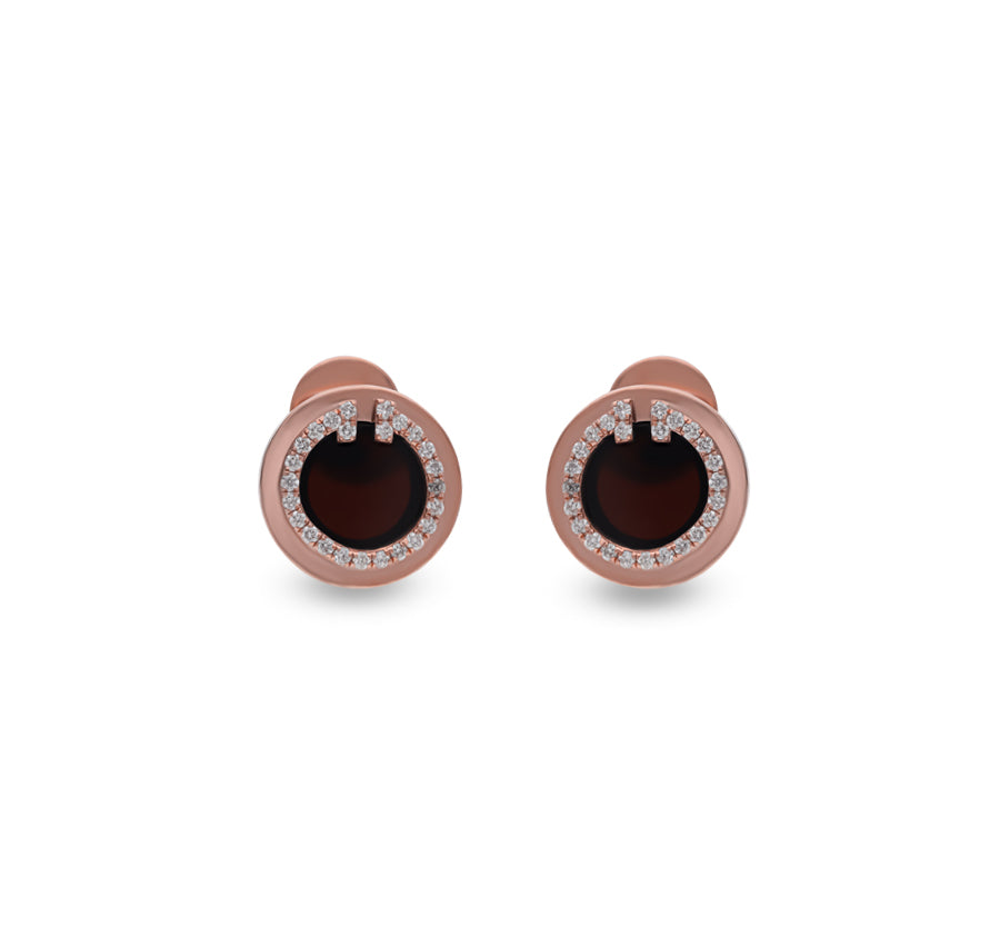 Black Stone Round Natural Diamond With Prong Set Rose Gold Stud Earrings