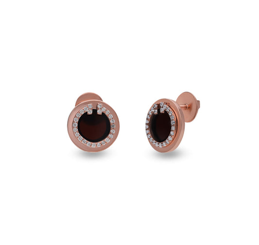 Black Stone Round Natural Diamond With Prong Set Rose Gold Stud Earrings