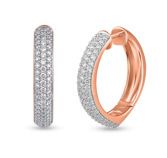 Серьги-кольца из розового золота с круглыми натуральными бриллиантами, паве и зубцами 