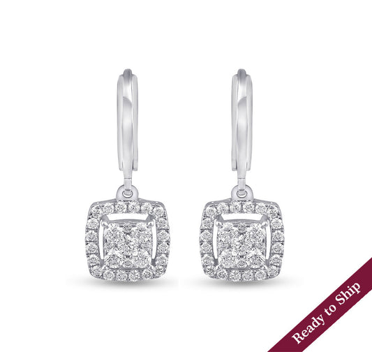 Round Natural Diamond With Prong Set White Gold Dangle Earrings