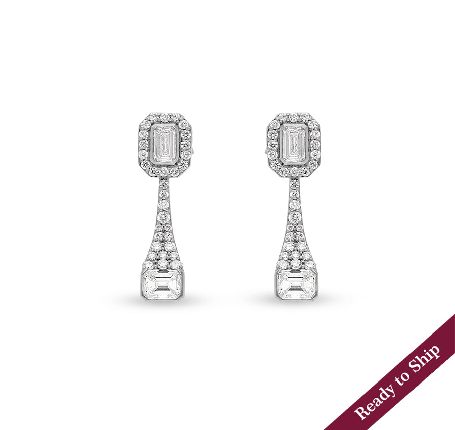 Double Emerald and Round Cut Diamond White Gold Stud Earrings