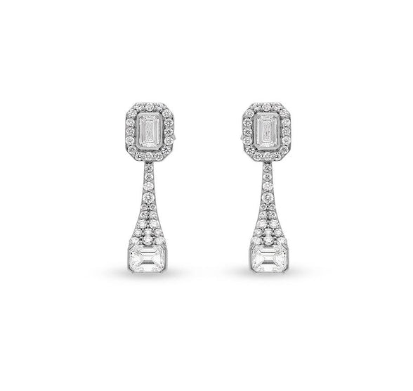 Double Emerald and Round Cut Diamond White Gold Stud Earrings