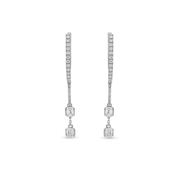 Emerald and Round Cut Diamond White Gold Drop and Dangle Earrings